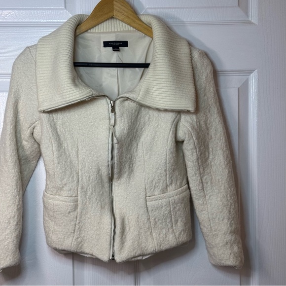 Ann Taylor Wool Sweater Jacket Coat Gold Zipper Off white Sz 12 Over Coat - Picture 16 of 16
